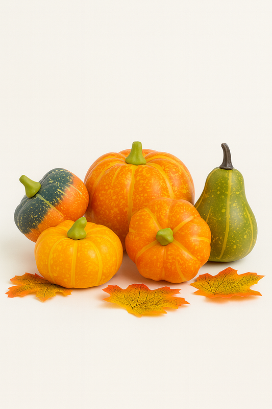 Juego de 5 calabazas con hojas de otoño